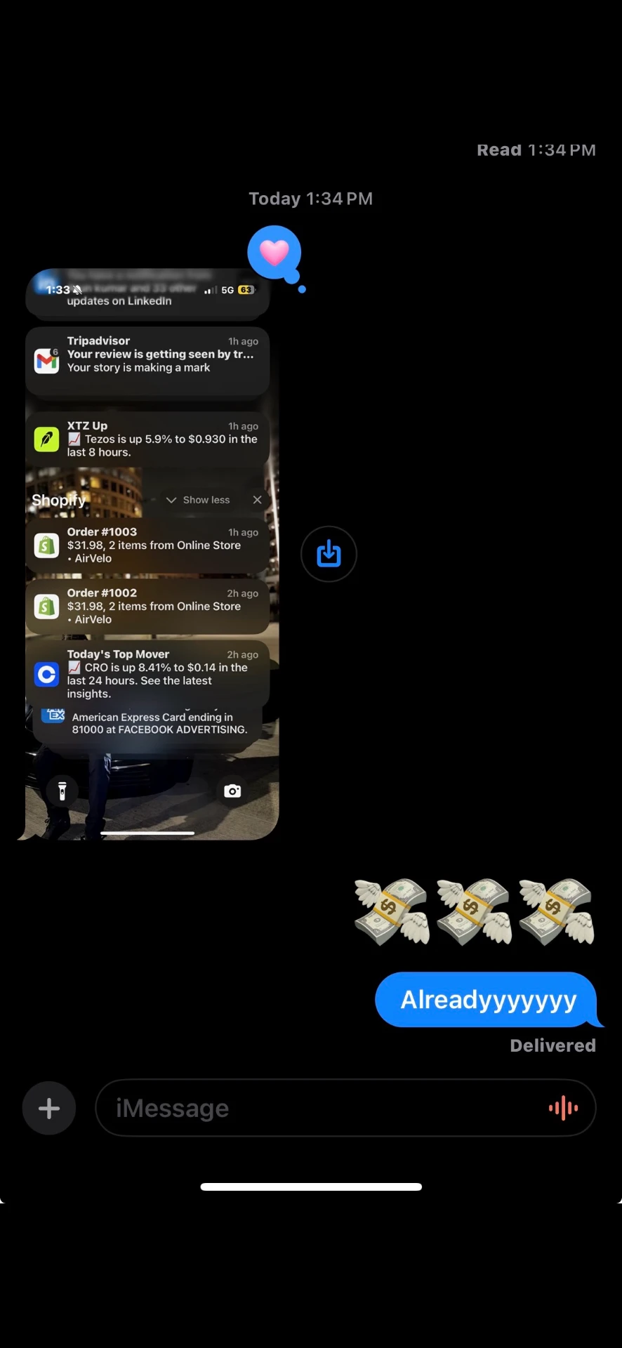 Text message thread showing live Shopify order notifications being shared in real time